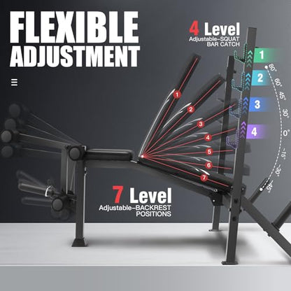 ANCHEER 900LBS Weight Bench Set with Squat Rack, Adjustable Bench Press Set with Leg Extension and Leg Curl, Flat Incline Decline Workout Bench for Home Gym Full Body Strength Training - color: White