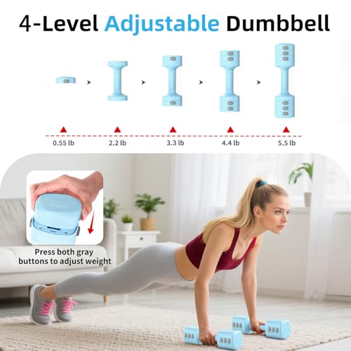 2-in-1 Adjustable Dumbbell Set, Upgraded 4 Levels Hand Weights for Women Men, Each 2.2/3.3/4.4/5.5lb, Convertible Weights Dumbbells and Kettlebell Set for Home Gym Exercise & Fitness - color: Blue
