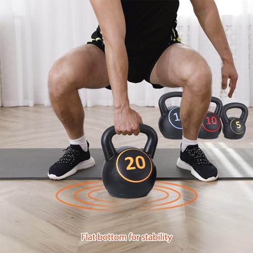 JupiterForce Wide Grip Kettlebell Sets 4 Piece Strength Training KettleBells Weights Set 5lb, 10lb, 15lb, 20lb HDPE Coated Concrete Kettle Bell for Women&Men for Full Body Workout, Exercise Fitness, Home Gym