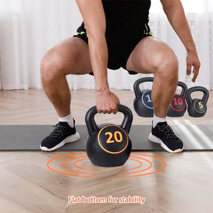 JupiterForce Wide Grip Kettlebell Sets 4 Piece Strength Training KettleBells Weights Set 5lb, 10lb, 15lb, 20lb HDPE Coated Concrete Kettle Bell for Women&Men for Full Body Workout, Exercise Fitness, Home Gym
