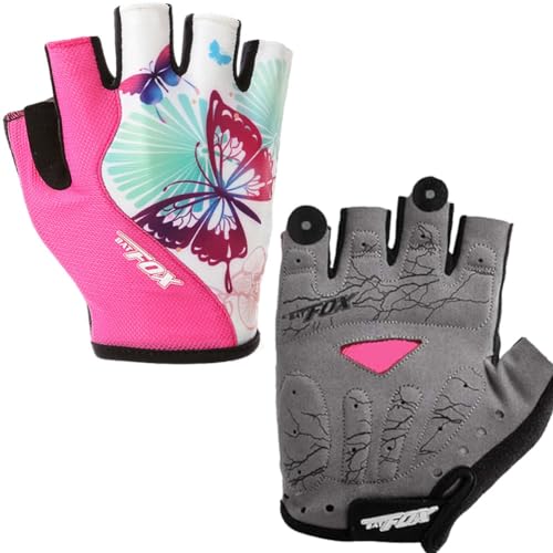 DuShow Women Half Finger Cycling Gloves, Pattern Printed with Anti-Slip Shock-Absorbing Pad for Road/Mountain Biking, Gym – Short Fingerless - color: Pink, size: Mediun