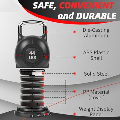 LIFERUN Adjustable Kettlebell Set with 7 Weight Levels, Choose 22.5 lb or 44 lb, Quick-Change Weight Dial & Safety Lock, Space-Saving Design, Full-Body Workout & Cross-Training