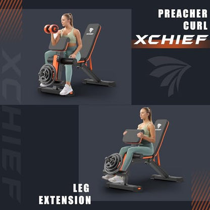 Adjustable Weight Bench - 1000LBS Capacity Heavy Duty Foldable Workout Bench for Full Body Exercise, Flat/Incline/Decline, Bench Press for Home Gym with Preacher Pad & Leg Extension