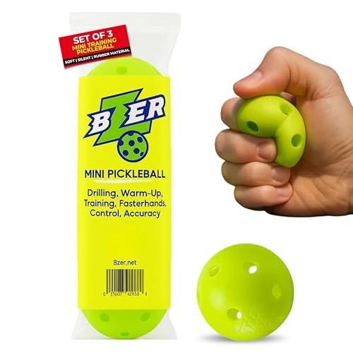 BZER Quiet Pickleball Balls – Mini Pickleballs Silent Rubber Training Ball - Set of 3 for Indoor Outdoor Play, Soft Tiny Practice Trainer, Improve Focus, Boost Control, Training Essentials