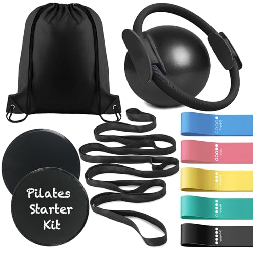 Pilates Essentials Kit for Home Workouts Women, Black Pilates Equipment Set with 9 Inch Yoga Ball, Pilates Slider, Resistance Band, yoga straps for stretching, Pilates Ring and Ball Set for Beginners