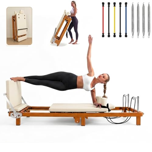 Foldable Pilates Reformer –90% Pre-Assembled Home Gym Women Men Workouts Bundle, Dual Resistance System (Springs + Latex), Jumpboard & Adjustable Foot Bar for All Levels - size: 88"L × 21.3"W × 11"H