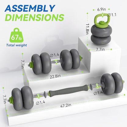LIFERUN Adjustable Dumbbell Set, Soft PVC Coated, 45lbs/67lbs Free Weight Set Home Gym, 4-in-1 Used As Barbell, Dumbbells, Kettlebell, Weight Plates, Weights Dumbbells Set, Space Saving Fitness Exercise For Men/Women