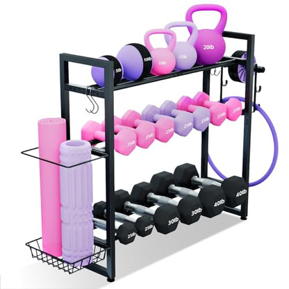 3-Tier Dumbbell Rack with 882 LBS Capacity, Multi-Purpose Weight Rack for Home Gym with Shelf and Movable Hooks, Weight Holder and Home Gym Storage Organizer for Dumbells Kettlebells Yoga Mat