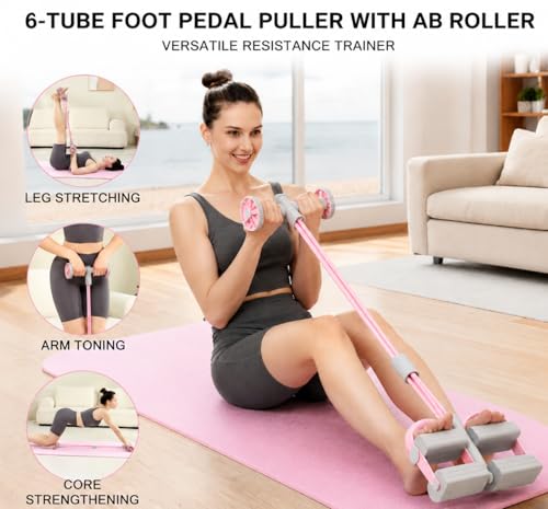 6-Tube Pedal Resistance Bands with Handles & Ab Roller, 2-in-1 Foot Pedal Puller, Home Gym Workout Equipment for Core Training, Full Body Exercise for Arm, Leg, Waist, Back