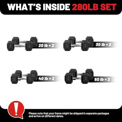PAPABABE Hex Dumbbell Set 45-550 lb, Rubber Encased Home Gym Dumbbells, Weights Dumbbells for Women & Men, Hand Weight for Strength Training - size: 280 lb Set (Pair of 20, 30, 40, 50), style: Chrome Grip