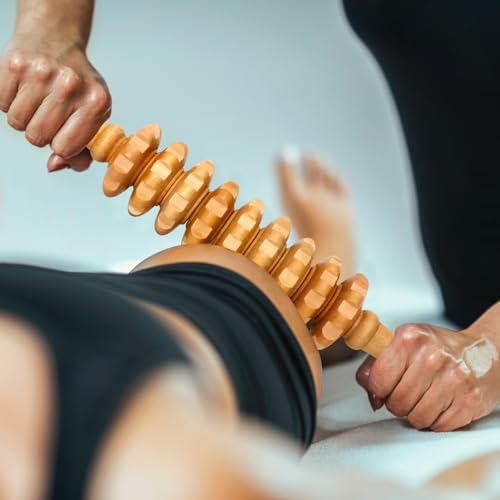 Wooden Fascia Massage Roller – Handheld Myofascial Release Massage Stick with Trigger-Point Knobs for Deep Tissue, Cellulite, Muscle Recovery & Circulation, Lymphatic Drainage Massager