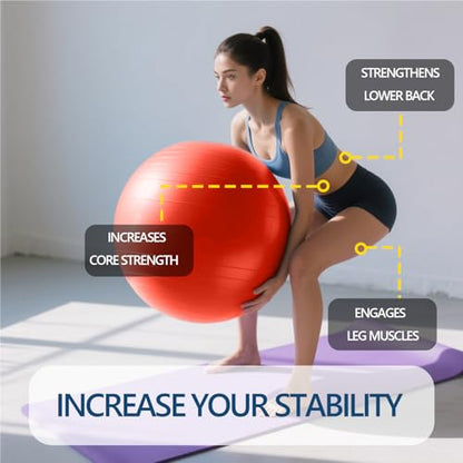 Exercise Ball Pilates Yoga Ball Anti-Burst and Slip Resistant - for Fitness, Pregnancy, Stability, Balance, Core Workout - Red Training Ball w/Pump for Home Office Gym