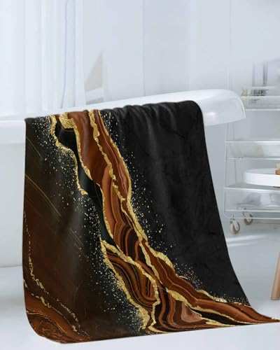 Marble Brown Bath Towels for Bathroom Set - Luxury Towels Gifts for Women,Dry Beach Kitchen Hand Hair Face Yoga Workout Gym Towel and Dish Washcloth,Gradient Abstract Modern Minimalist Black Gold