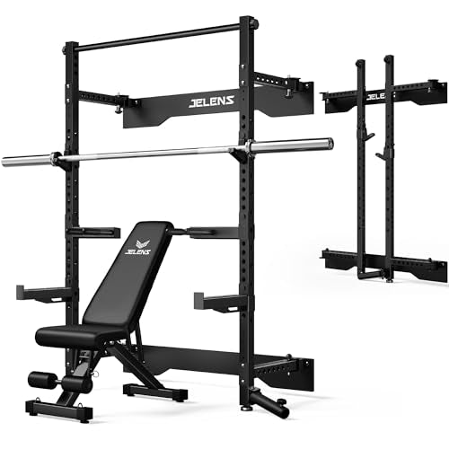 JELENS FS01 Folding Squat Rack, Wall Mounted Power Rack for Home Gym, Space Saving Multi-Functional Power Cage with More Attachments - color: Black, size: FS01 Home Gym Package