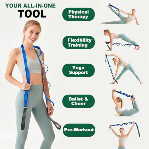 Stretching Strap with Loops,Non-Elastic Yoga Strap for Physical Therapy,Knee Replacement Recovery & Plantar Fasciitis,Leg Stretcher Band for Flexibility & Hamstring Rehab - color: Blue