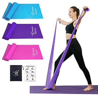 Therapy Flat Resistance Bands Set, Latex Free Flat Elastic Exercise Stretch Bands for Stretching, Flexibility, Pilates, Yoga, Ballet, Gymnastics, Rehab, Workout, Pink, Purple, Blue (3 Pack, 5 FT long) - color: Pink Blue Purple
