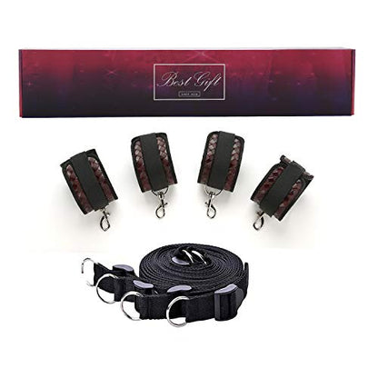 Adjustable 4 Premium Soft Leather Cuffs Soft Leather Straps for Hand-Ankle-Wrist Adjustable Home Gyms Sports Fitness Training Tool Set, Black