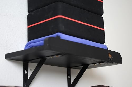 Olivia and Lily Wall-Mounted Yoga Mat Rack with black wood shelf - Organizer for Yoga Mats, Resistance Bands, and Accessories - Home Gym Storage Solution