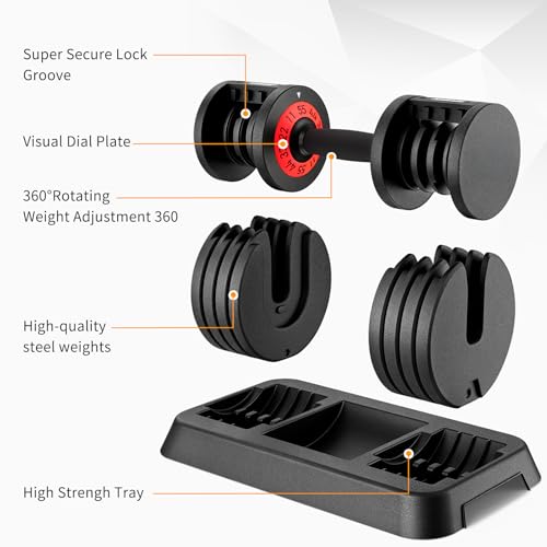 SKOK 25/55 lbs Pair Adjustable Dumbbells Set, Adjustable Weights Dumbbells Set for Men and Women with Anti-Slip Fast Adjust Weight by Turning Handle Dumbbell with Tray - color: 55lbs-Black-Pair