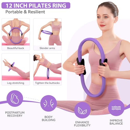 HASHMUST Pilates Ring Kit 12 PCS for Women, Home Workout Equipment with Magic Circle, Mini Exercise Ball, Resistance Bands, Massage Lacrosse, Yoga Strap, Full-Body Fitness Set for Toning & Gift