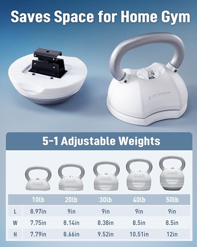 BYZOOM FITNESS Pure Series Adjustable Kettlebell 30/40/50LB - 5-IN-1 Weight Change, Patented Quick-Change Machenism, Ergonomic Curved Handle for Home Gym, Strength Training, HIIT, White OR Black - color: 50LB White