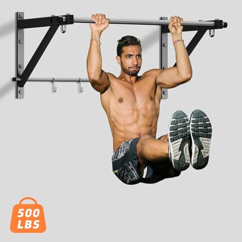 Wall Mounted Pull Up Bar, Strength Training Chin Up Bar for Doorway and Wall Mount with Hooks, Adjustable Depth Pull-up Bar with 500LBS Weight Capacity, Heavy Duty Gym Home Training