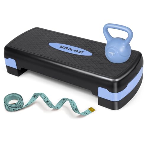 Adjustable Height Aerobic Stepper Set, Multiple Bundle Options with Dumbbells, Kettlebell, Waist Trimmer, Ankle Weights or Weighted Vest, Workout Exercise Step Platform w/Level Risers, 4 Colors - color: Blue Black, size: d. W/ Kettlebell