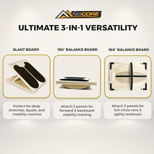 3-in-1 Adjustable Slant Board & Balance Board - Wooden Calf Stretcher and Squat Wedge - 5 Angle Incline Board for Stretching Equipment & Exercise - Includes Resistance Band - (400LBS)
