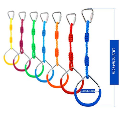 7PCS Colorful Ninja Rings - Gymnastic Rings, Swing Bar Rings, Monkey Rings, Climbing Rings Outdoor Backyard Play Sets Playground Equipment for Ninjaline Obstacle Accessories