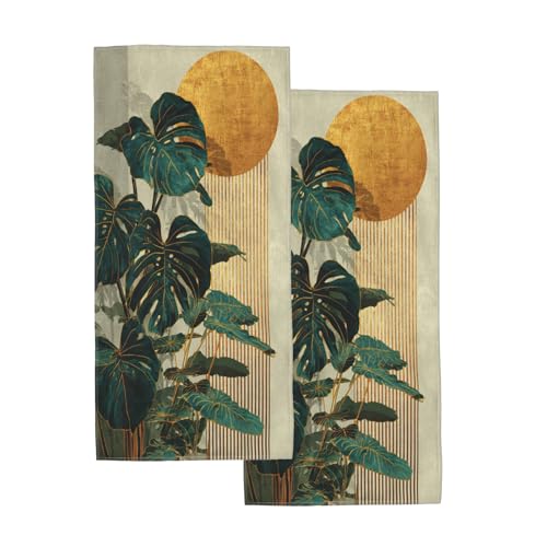Boho Green Leaf Hand Towels Set of 2, Mid Century Modern Abstract Botanical Decorative Towels, Soft Lightweight Microfiber Absorbent Quick Dry Fingertip Towels for Bathroom Kitchen Spa Gym Home Decor