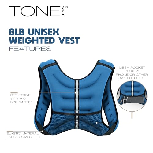 TONE Fitness 8LB Weighted Vest – Women’s & Men’s Workout Vest with Phone Pouch, Reflective Strips & Adjustable Fit for Walking, Running, Cardio & Strength Training | Gray/Blue - color: Blue