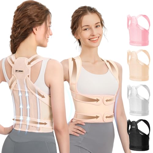 Fit Geno Back Brace Posture Corrector for Women and Men, Shoulder Straightener, Adjustable Full Back Support, Upper and Lower Back Pain Relief - Scoliosis, Hunchback, Thoracic, Spine Corrector (M) - color: Beige, size: Medium