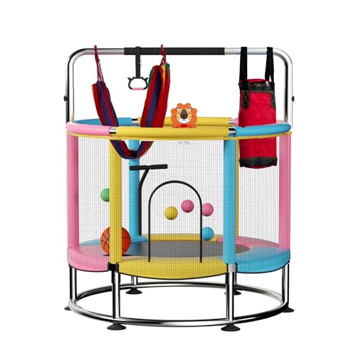 55" Trampoline for Kids,Up to 440 Ibs Mini Trampoline with Anti-Rollover Round Bottom,Indoor & Outdoor Toddler Trampoline with Safety Enclosure,Adjustable Gymnastics Bars,Basketball Hoop