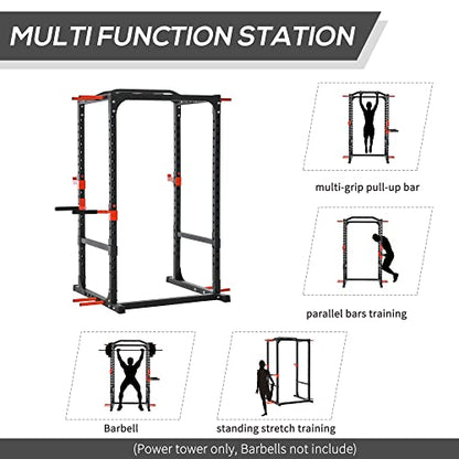 Soozier Adjustable Power Tower Dip Station Pull Up Bar Squat Rack Power Cage At Home Workout Equipment, Upper Body Strength Training Equipment, Black