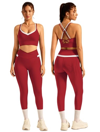 Double Layer Workout Sets for Women Color Block Yoga Gym Sets Cross Back Sports Bra Matching Crossover Leggings with Pockets - color: Wine Red, size: X-Small
