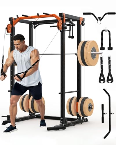 Power Cage, Power Rack with Cable Crossover System, 2000LBS Squat Rack with LAT Pull Down System, Workout Cage with Pulley System for Fitness Home Gym Strength Training (Red&Black)