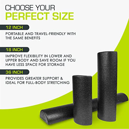 ProsourceFit High Density Foam Rollers - inches long. Firm Full Body Athletic Massager for Back Stretching, Yoga, Pilates, Post Workout Trigger Point Release - color: Black - 12" X 3"
