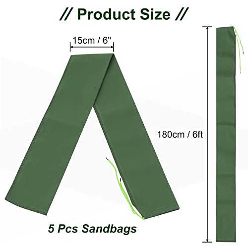 PATIKIL 6' x 6" Sand Bag for Flooding, 5 Pack Long Canvas Sandbags Thickened Water barriers for Flooding with Binding Elastic Band for Door Flood Control, Green