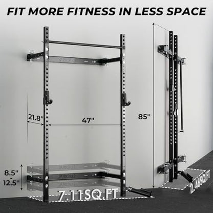 Mikolo 2" x 2" Folding Wall Mounted Squat Rack, 1000 Pounds Capacity Power Rack with Pull Up Bar, J Hooks and Other Attachments, Space-Saving Home Gym - color: Black, style: Home Gym Package (230 LBS)