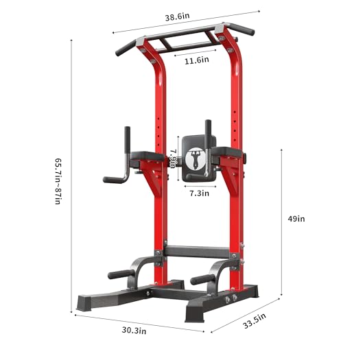 DlandHome Power Tower Pull Up Bar Station, Heavy Duty Adjustable Height for Home Gym Strength Training Equipment 330LBS Weight Capacity, Pull Up Dip Station - color: Red
