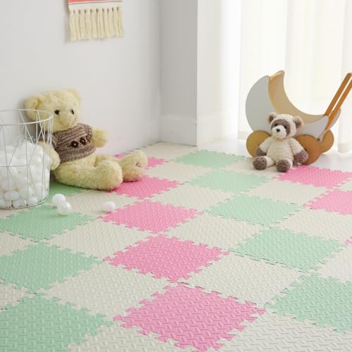 Foam Play Mat for Baby, 0.4 Inch Thicked Interlocking Floor Mats with Solid Colors, Squares Non-Toxic Baby Play Mat, EVA Foam Puzzle Floor Mats for Toddlers, 16 Tiles(White/Pink/Bean Green) - color: White/Pink/Bean Green, size: 16 Pcs/47.2*47.2