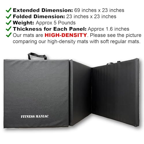 Fitness Maniac Tri-Fold Folding Exercise Mat - Thick and High-Density Firm Mat with Carrying Handles for MMA, Gymnastics, Stretching, Core Workouts - Black Gym Mat for Home Fitness