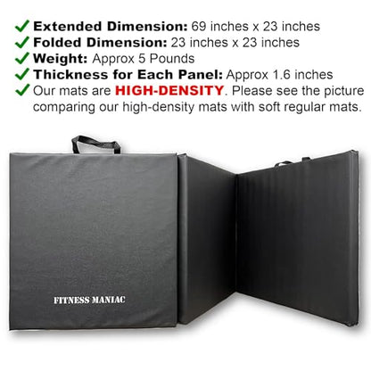 Fitness Maniac Tri-Fold Folding Exercise Mat - Thick and High-Density Firm Mat with Carrying Handles for MMA, Gymnastics, Stretching, Core Workouts - Black Gym Mat for Home Fitness