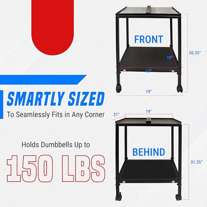 Large Compact Dumbbell Rack & Dumbbell Stand W/Storage Tray—Heavy-Duty Weight Rack Folds Flat for Easy Storage & 150 LB Capacity of Dumbbell Rack ; Use Expandable Dumbbells for Home Gym