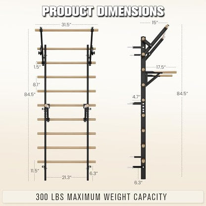 Swedish Ladder Wall Gym, Stall Bar Home Gym with Adjustable Pull-Up Bar, Dip Bar Attachments & 2pcs Resistance Band, 9 Strategic Rods for Core Strengthening and Stretching Balanced for Body Exercise