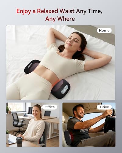 4-in-1 Lumbar Support Pillow with Red Light 650nm 850nm, Lumbar Massager Cordless Rechargeable 5000mAh, Lower Back Massager with Vibration, Airbag Traction & Heating for Back Waist Comfort, Black