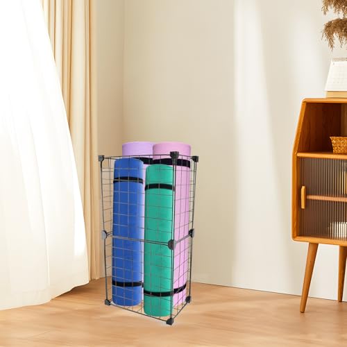 Yoga Mat Holder,Home Gym Storage Rack,Workout Equipment Storage,Metal Mesh Yoga Mat Basket for Foam Roller,Tennis Racket and Resistance Bands,Black,12.6"L X 8.7"W X 24.4"H