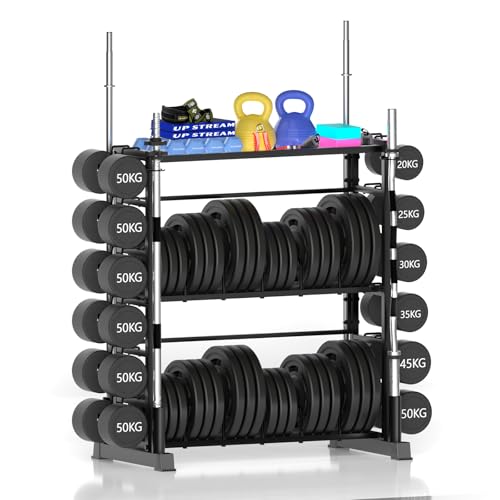 Dumbbell Rack - Weight Plate Rack for Home Gym, Peloton Weights for 2700lbs Large 3 Tier Kettlebell Barbell Rack Workout Equipment Strength Training Dumbbell Organization Stand Only