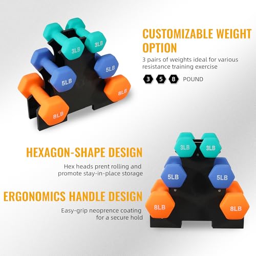 Neoprene Dumbbell Set with 3-Tier Rack - 1/2/3LB Pairs (Total 12LB), Non-Slip Strength Training Weights for Home Gym & Fitness Equipment (Beginners & Women)