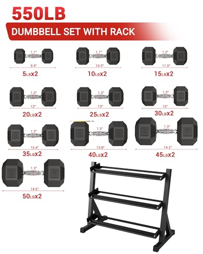 Garvee Cast Iron Hex Dumbbell Set with Storage Rack, Rubber Coated Hand Weights Dumbbells, Heavy Duty Dumbbell Set for Home Gym Strength Training, Multiple Weight Options (210/350/360/450/550LB)